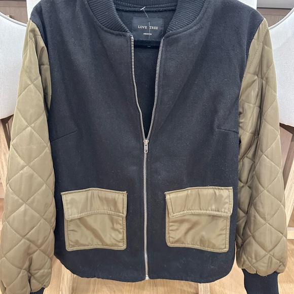 Love Tree Women's Black and Olive Bomber Jacket - Picture 1 of 6